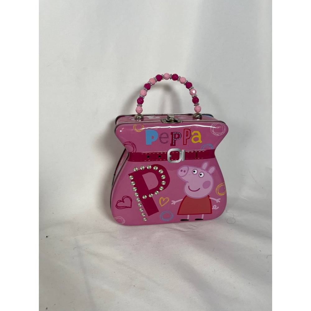 Peppa Pig Tin Purse Carry Case with Large FigureLot Pink Beaded Handle Lunch Box